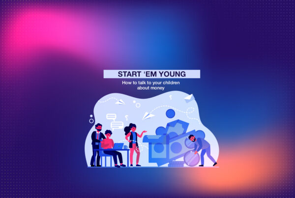 thumbnail of blog on how to talk to your children about money where parents teaching their kids the concepts of money on a computer