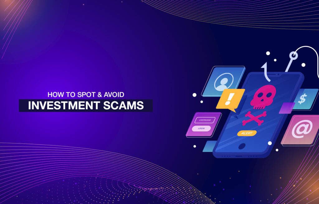 How to spot and avoid investment scams blog thumbnail with danger sign on phone, profile icon, login sign, dollar sign, and at symbol
