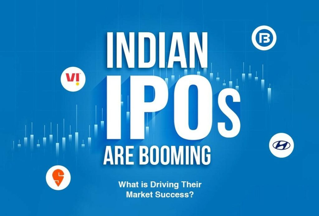 Text overlay 'Indian IPOs Are Booming: What is Driving Their Market Success?' with logos of Indian companies and a backdrop of stock market growth charts.
