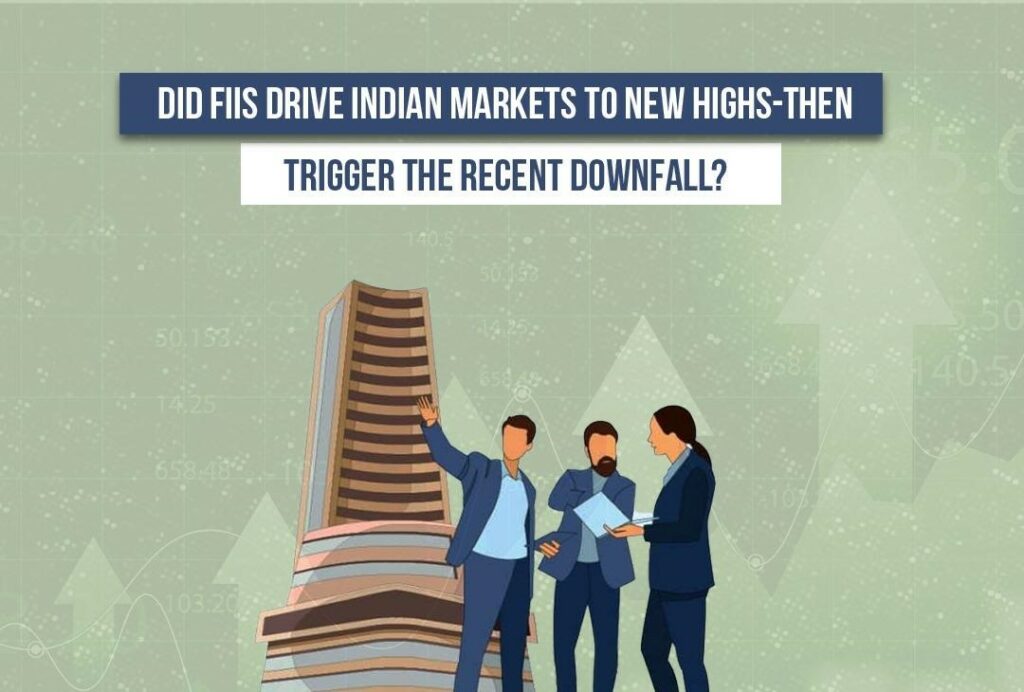Professionals near a building with stock market charts, analyzing FIIs' role in driving highs and recent downturns in Indian markets.