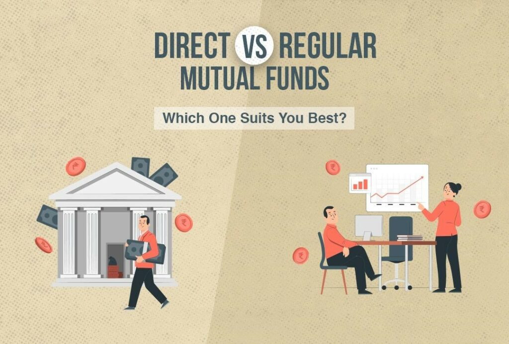 Comparison of direct vs regular mutual funds, featuring people, charts, and the text 'Which One Suits You Best?