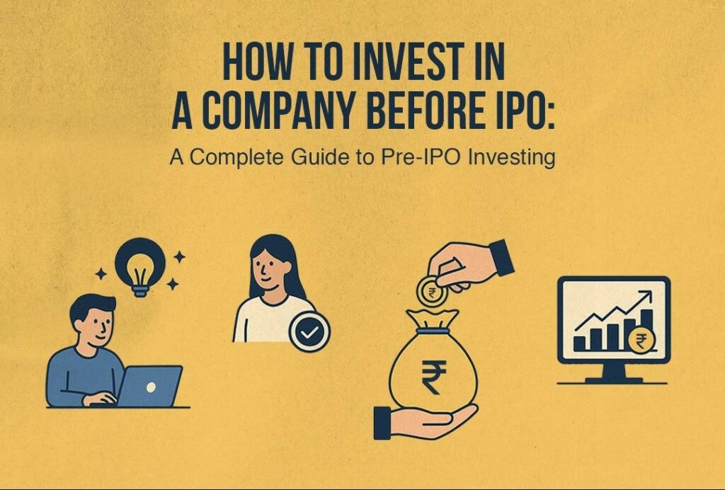Icons of investors, rupee coin, money bag, and stock chart with text, indicating how to invest in pre-IPO stocks