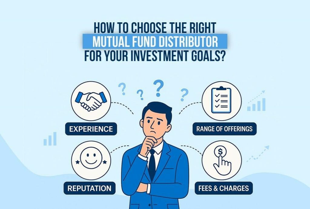 A man thinking with text bubbles: Experience, Reputation, Range of Offerings, Fees & Charges & Text: How to choose the right mutual fund distributor.