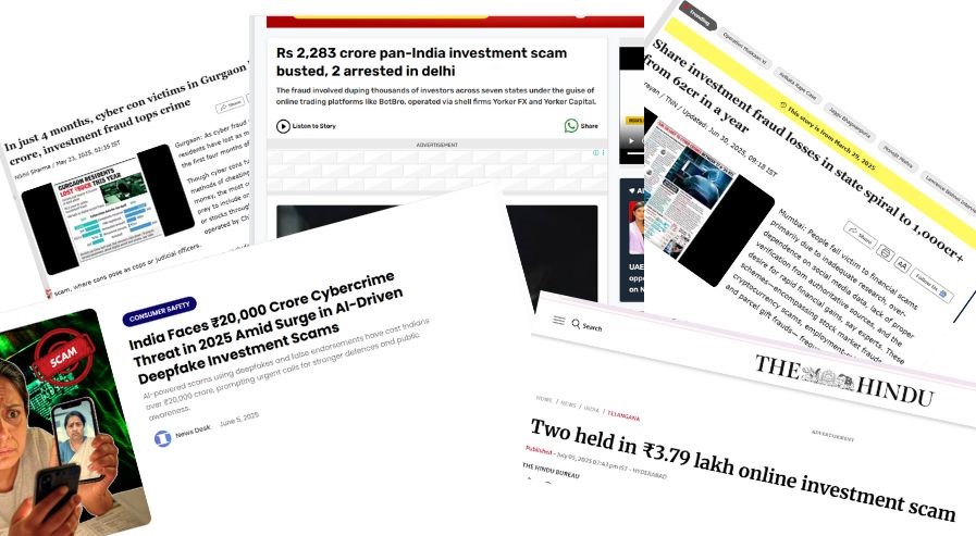 Collage of Indian news headlines showing recent investment scams, frauds, and rising cybercrime threats.