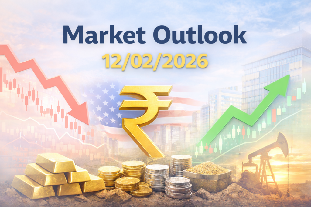 Market Outlook graphic dated 13/02/2026 featuring stock market charts, a rupee symbol, gold coins, a globe, and bar graphs with a downward arrow, representing market movement and global financial trends