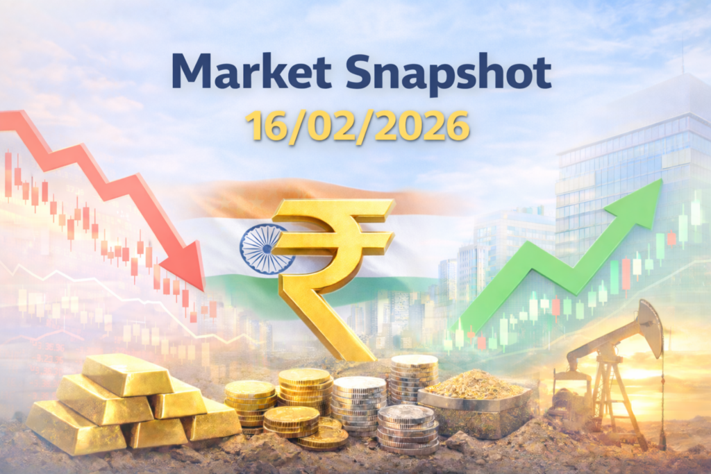 Market Snapshot cover dated 16/02/2026 featuring the Indian flag, a rupee symbol, financial charts, commodity elements, and stock market indicators representing the day’s market summary.
