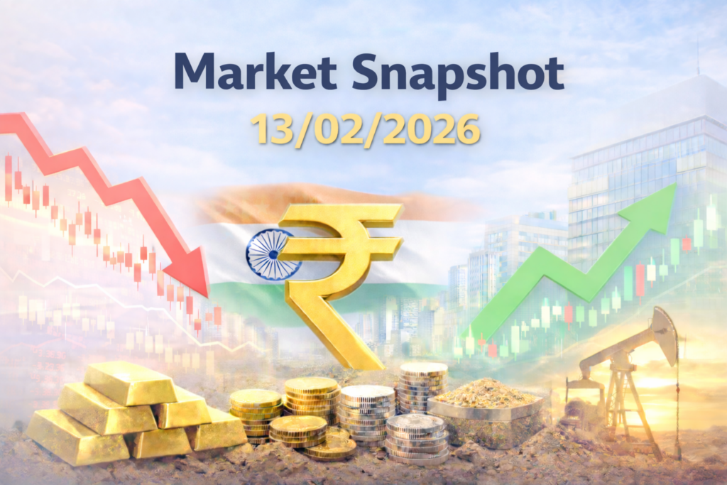 Market snapshot dated 13/02/2026 showing India’s economy with rupee symbol, rising and falling market charts, gold, coins, oil pump and city skyline.Market snapshot dated 13/02/2026 showing India’s economy with rupee symbol, rising and falling market charts, gold, coins, oil pump and city skyline.