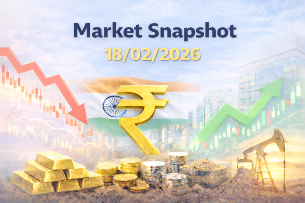 Market Snapshot dated 18/02/2026 showing Indian rupee symbol, rising and falling market arrows, gold bars, coins, oil pump and city skyline backdrop.