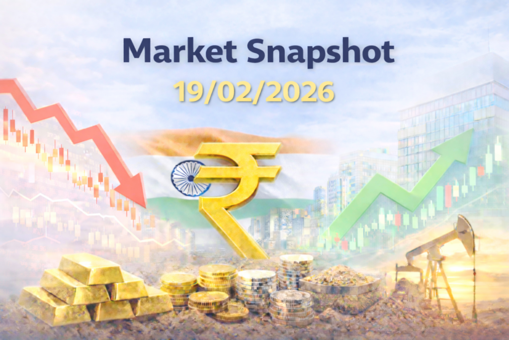 Market Snapshot graphic dated 19/02/2026 showing Indian rupee symbol, stock market up and down arrows, gold bars, coins, city skyline, and oil pump.