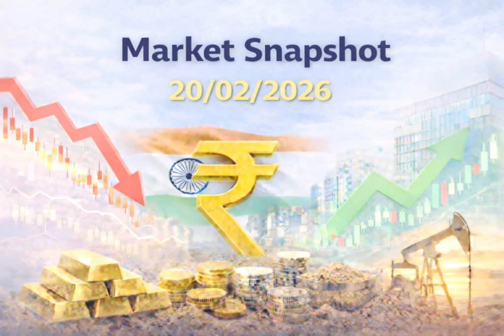 Market snapshot dated 20/02/2026 showing Indian rupee symbol, rising and falling charts, gold bars, coins, oil pump, and city skyline.