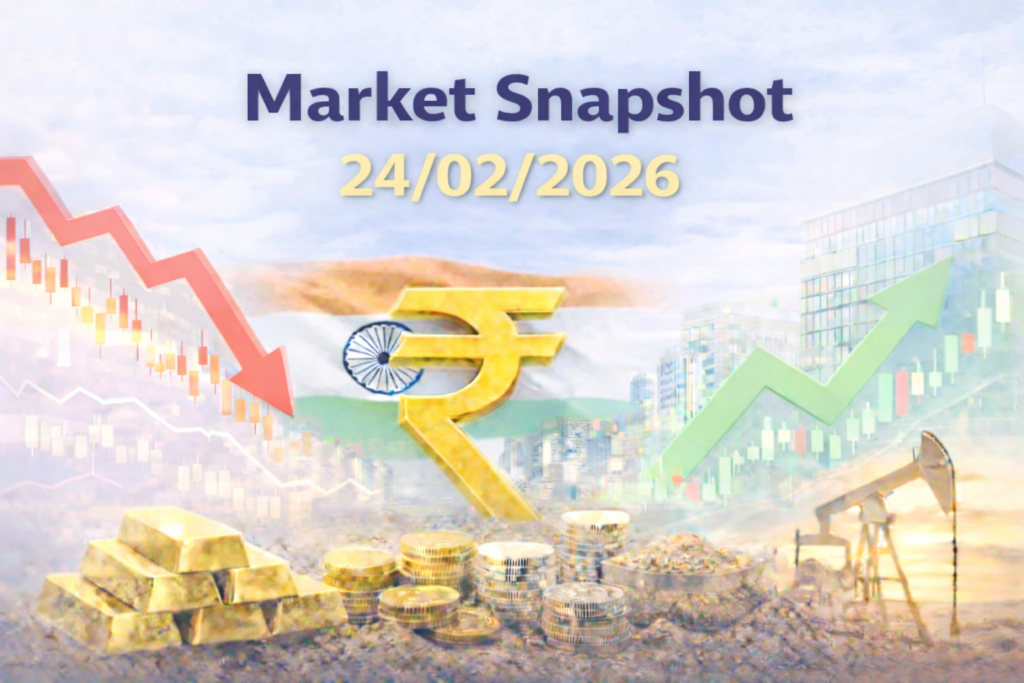 Market Snapshot graphic dated 24/02/2026 showing Indian rupee symbol, gold, oil rig, and rising and falling market charts.