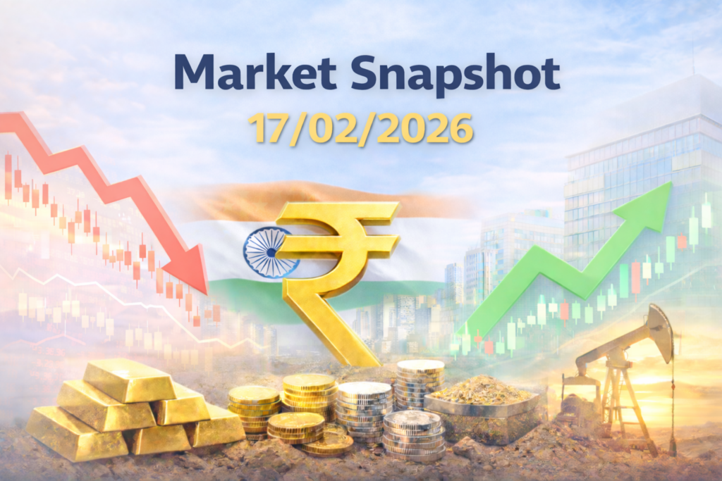 Market Snapshot cover dated 17/02/2026 showing an Indian flag backdrop, rupee symbol, stock market charts, gold, coins, and rising and falling trend arrows.
