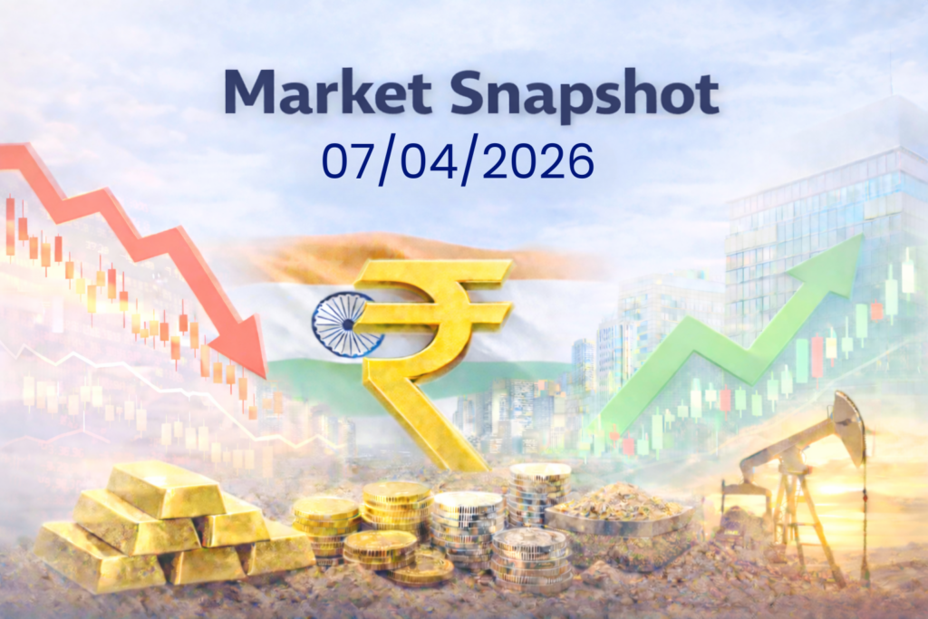 Market snapshot April 7 2026 showing rupee symbol, Indian flag, rising and falling charts, gold, oil pump, and city skyline backdrop