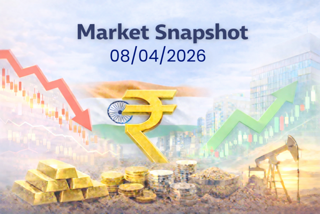 Stock market snapshot dated 08/04/2026 showing Indian rupee, gold, oil, and stock trends with rising and falling arrows