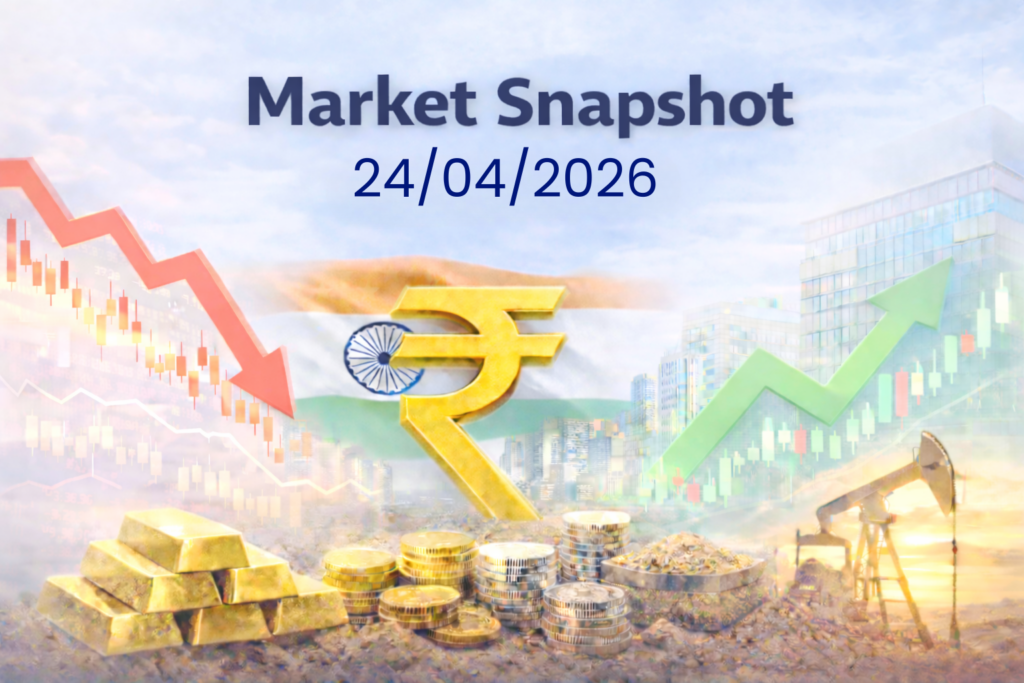 Stock market snapshot 24 April 2026 showing rupee symbol, gold bars, oil pump, rising and falling charts over city backdrop