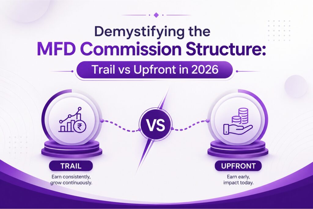 MFD commission structure 2026 showing trail vs upfront earnings comparison with growth and income icons