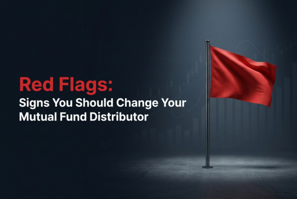 Red flag warning with text “Signs you should change your mutual fund distributor” on a dark financial chart background