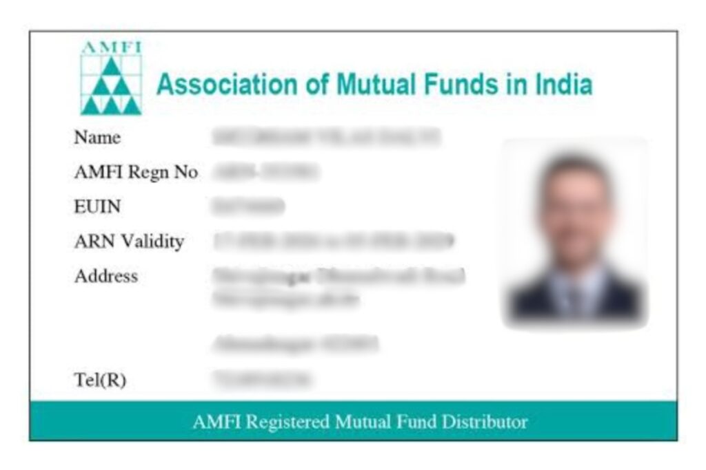 AMFI Registration Number (ARN) card issued to a mutual fund distributor showing registration details and validity