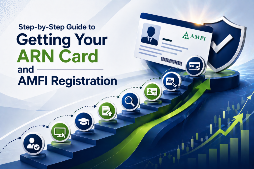Step-by-step guide to getting ARN card and AMFI registration with visual process steps and growth chart illustration