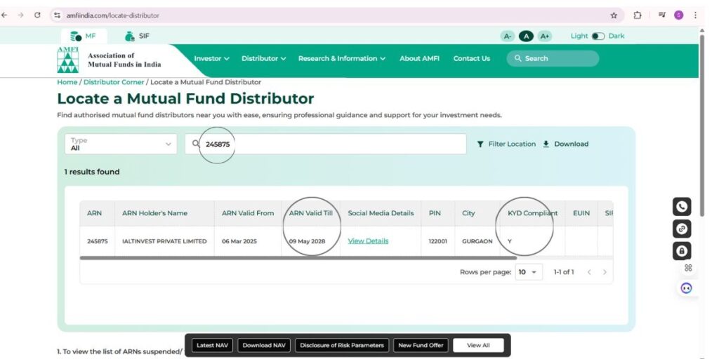 AMFI Locate Mutual Fund Distributor tool showing ARN search results with registration status and certification details