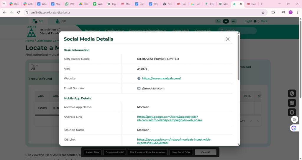 AMFI distributor verification tool screen showing ARN search and mutual fund distributor registration status check.
