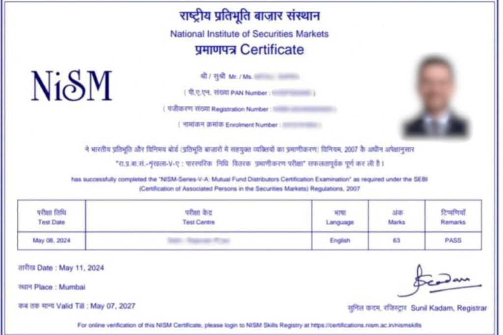 NISM Series V-A Mutual Fund Distributors certification exam pass certificate issued to qualified candidat