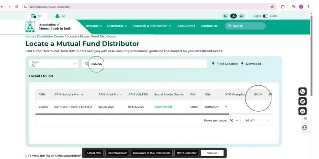 AMFI distributor profile screen showing social media details and EUIN information for mutual fund distributor verification
