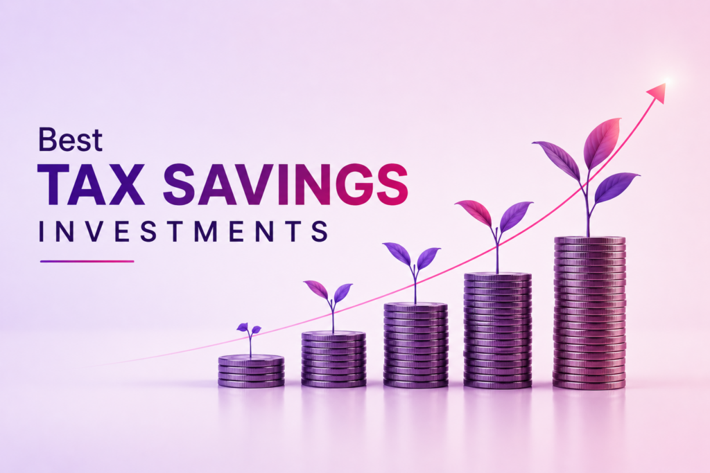 Best tax-saving investments illustration with growing coin stacks, plant growth icons, and upward financial growth arrow.
