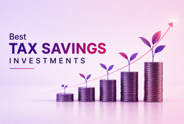 Best tax-saving investments illustration with growing coin stacks, plant growth icons, and upward financial growth arrow.