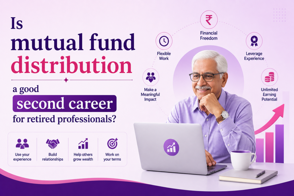 Mutual fund distribution as a second career for retirees, featuring senior professional, laptop, growth chart, and benefits icons